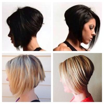 Before and after photo at August Hair Artistry. The top photos are the inspiration for the finished product on bottom right.