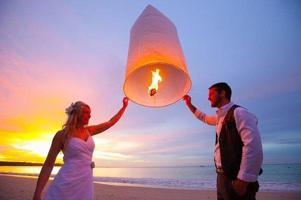 Bride and groom sky lanterns