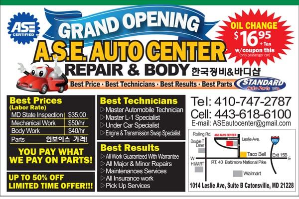 new location . GRAND OPENING SALE. no markup on parts and minimum labor