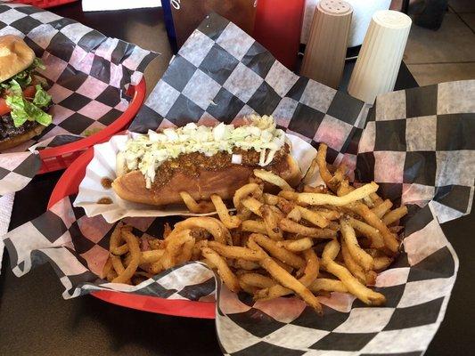 Hot Dog basket with hand cut fries.