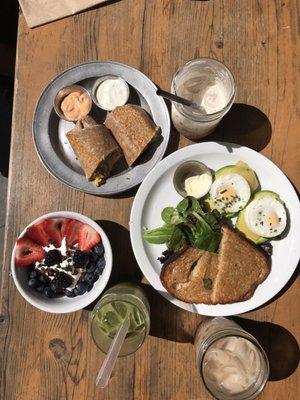 Breakfast burrito, poached avocado, granola bowl with salted cold brew, matcha rose boba and iced mocha latte