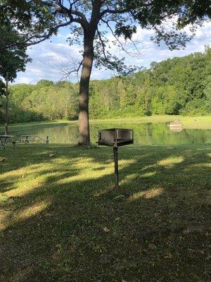 Pond, picnic tables and grills