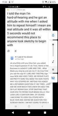 Response from owner to a customer's question.