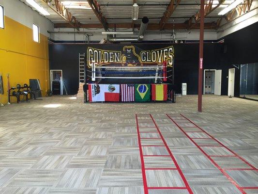 Bright & shiny new gym; bags to the right, weights on the left.