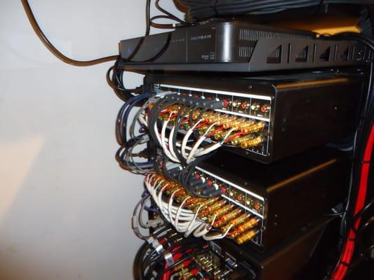 Equipment rack with Control4 amplifiers. These help run over a dozen zones of audio