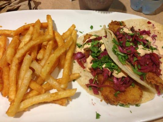 Fish tacos with beer battered fries