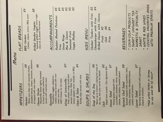 Menu for the restaurant in the hotel