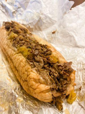 Beef Steak with peppers, onions, mayo, salt & pepper