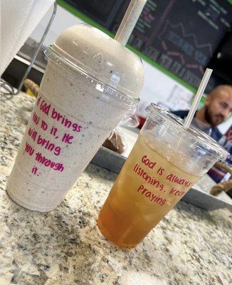 Mochacha shake, Raspberry Mandarin Tea..the little quotes on the cups are cute