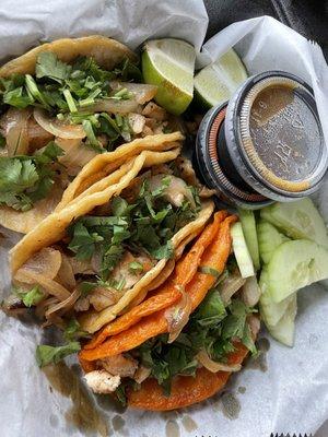 2 chicken tacos, 1 chicken quesabirria taco