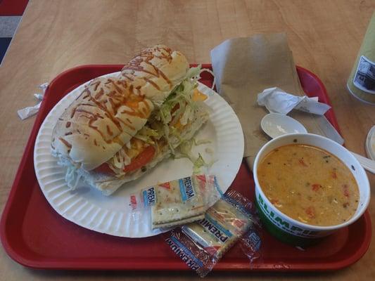 Shrimp and corn chowder with a tuna sandwich.