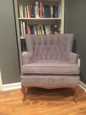 This was the 1960's estate sale find I had. Now it is a beautiful charcoal gray. We kept the tufted buttons to keep the classic feel.