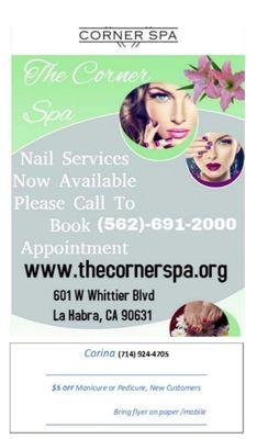 $5 off manicure or pedicure valid with Corina only.