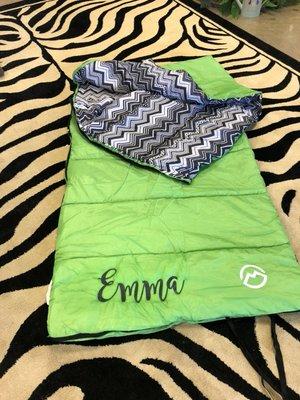Monogrammed sleeping bag. I love working with my machine!