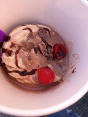 Barely bottom of cup, few swirls of cold stuff & limited toppings (half spoon, drizzle of syrup & 2 cherries) was almost $3