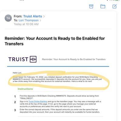 Truist Bank confirming fraud and continued theft of funds by MVB Banking and Credit Karma