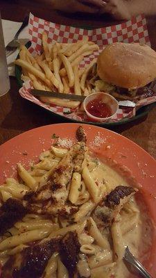 Burger and Blackened Chicken Calabrese (spicy).