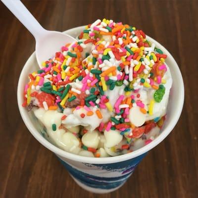 Blizzard: French Vanilla Only 8 Yogurt with White Chocolate Chips, Fruity Pebbles and Rainbow Sprinkles