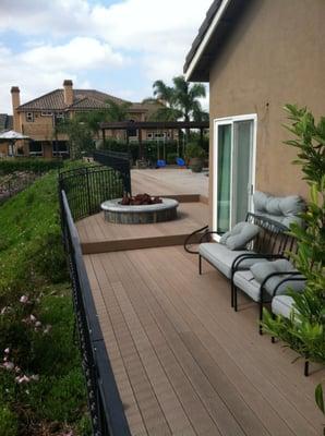 New composite deck and railing and fire pit