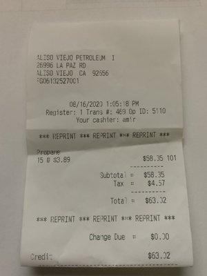 Note the full charge for (5) gals. and price per gallon. NO REFUND was given for 2.5 gal. NOT dispensed!!!