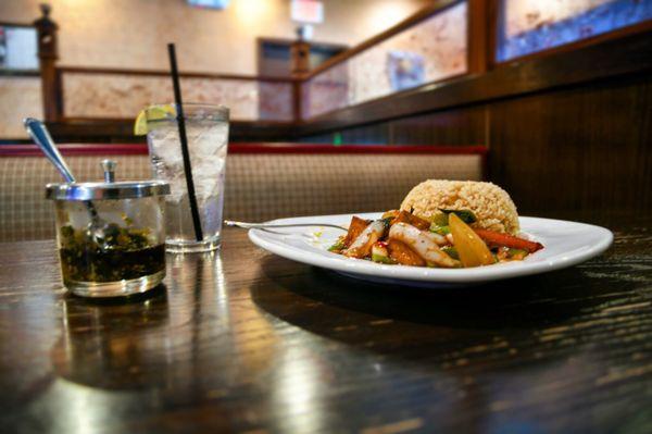 Tofu with Thai Basil Sauce and fish sauce/chilis on the side. Yum.