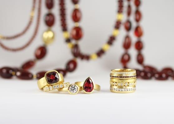 Red spinel and diamond rings. Garnet Bead necklaces with gold.