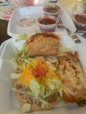 Take out Combo: taco, tostada and enchilada.