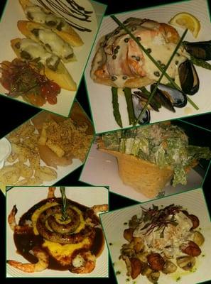 Filet bruscetta, calamari, caesar salad, prosciutto wrapped salmon w/ mussels, grouper w/gnocchi, and sausage/shrimp w/polenta.