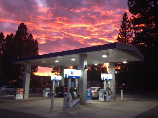 Kings beach gas station at sunset