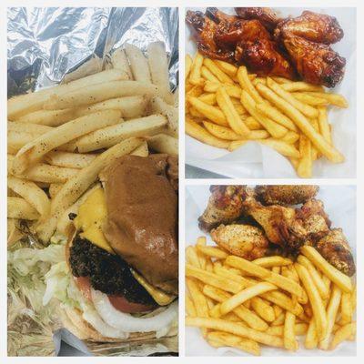 Burgers or wings both come with fries.