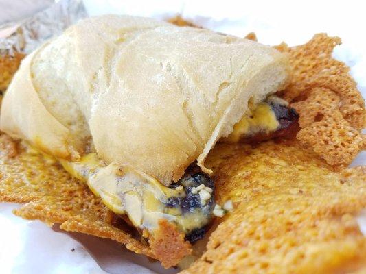 Garlic sausage sandwich w/ peppers and cheddar cheese!