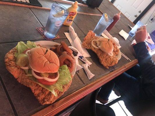 2 Breaded pork tenderloin sandwiches at Midway bar & grill in Harvel Illinois. Great restaurant on IL.48 in Montgomery County.