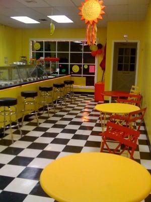 Cheerful interior, great for getting out of the heat or small parties.