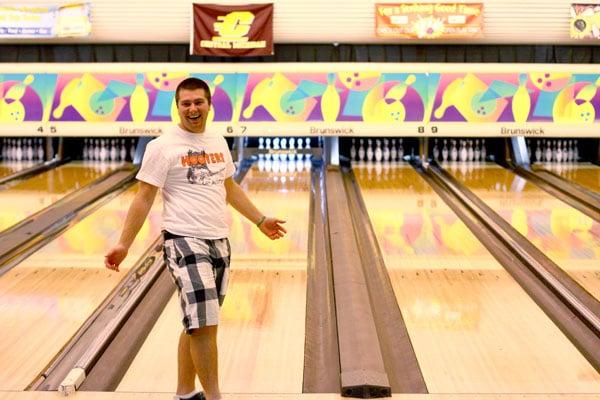 Students having fun bowling at CMU.