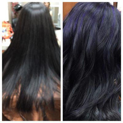From long and plain to shoulder length with purple highlights.