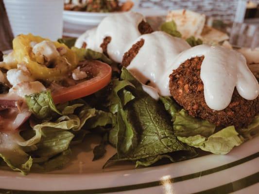 Falafel platter with Greek salad and hummus.