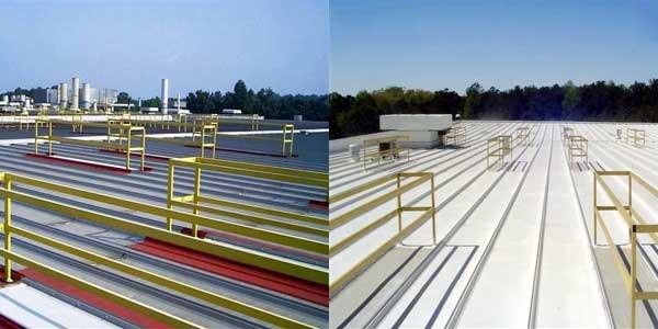 Topps Seal® roof restoration system for metal roofs. Leaks are sealed and the cool white roof coating protects your roof from the elements.