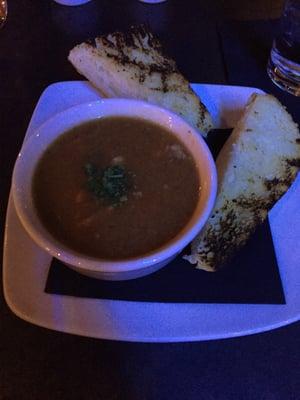 Beef and veggie soup starter. The bread that came with it was pretty tasty