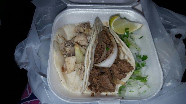 Chicken and beef tacos on flour