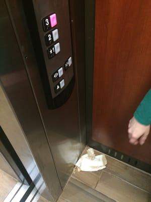 Spilled dried coffee in the elevator.