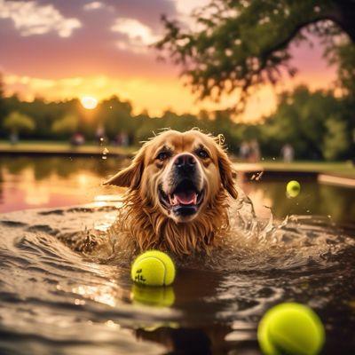 This is too much fun! Right at the start of sunset, a mutt can't decide which tennis ball that he wants to retrieve.